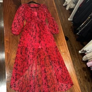 JENNIFER LOPEZ Red Long Sleeve Chiffon Leopard High Low Dress NWT